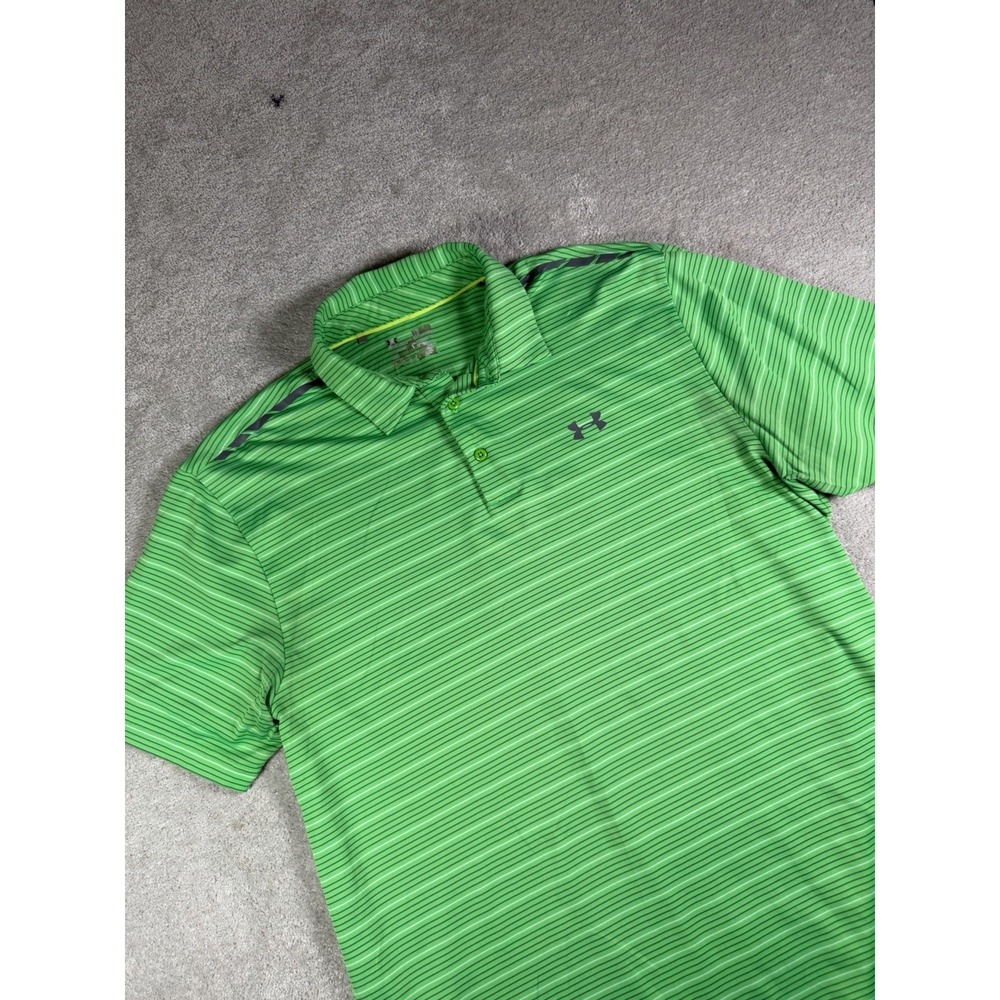 Under Armour HeatGear Loose Fit Polo Shirt Green Multi Stripe Mens XL Cold black